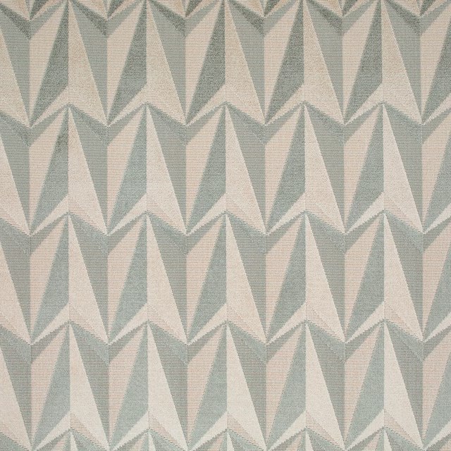 Pale pistachio woven fabric with repeating cream origami rocket geometric motifs