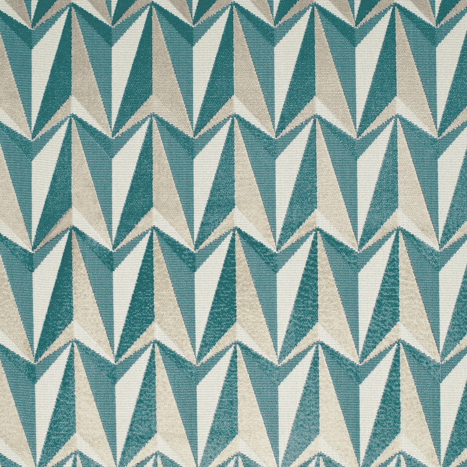 Sea foam teal and cream angular rocket motifs on a finely textured woven fabric