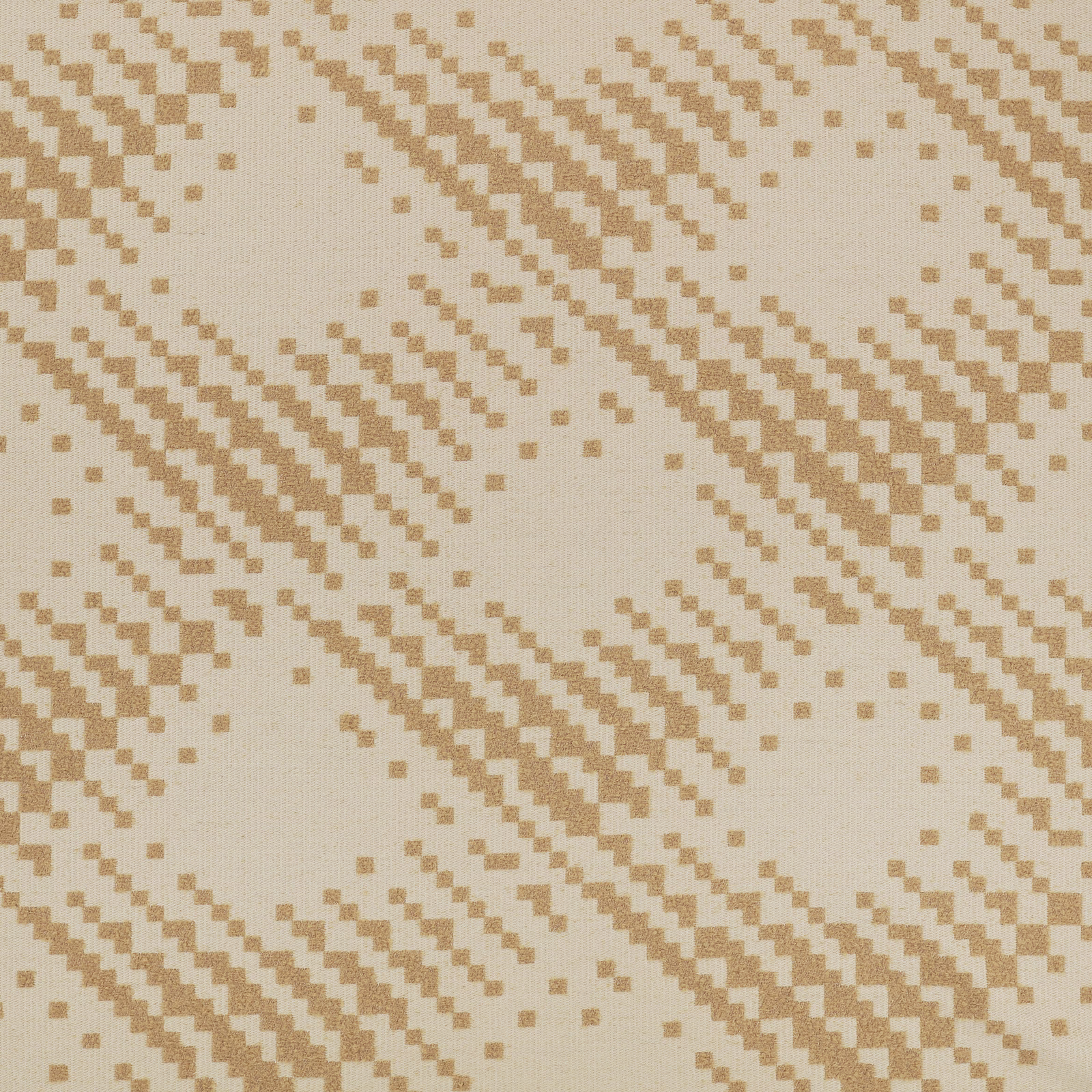 Cream woven ground with warm beige broken diagonal pixel bands and scattered dots