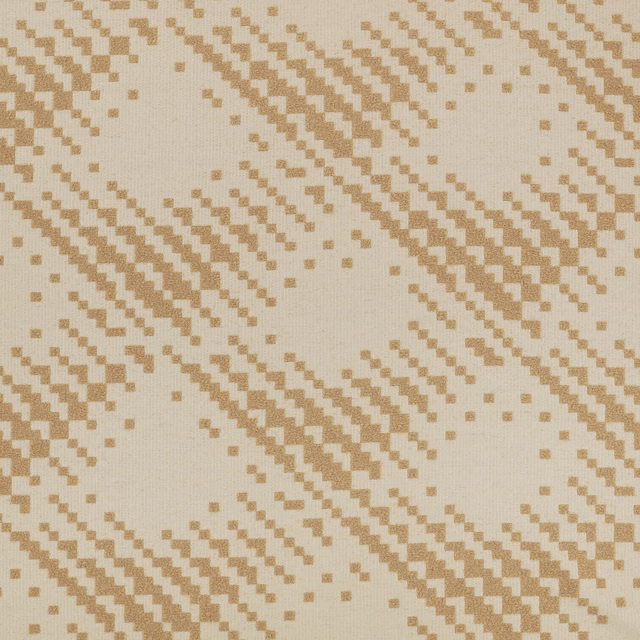 Cream woven ground with warm beige broken diagonal pixel bands and scattered dots