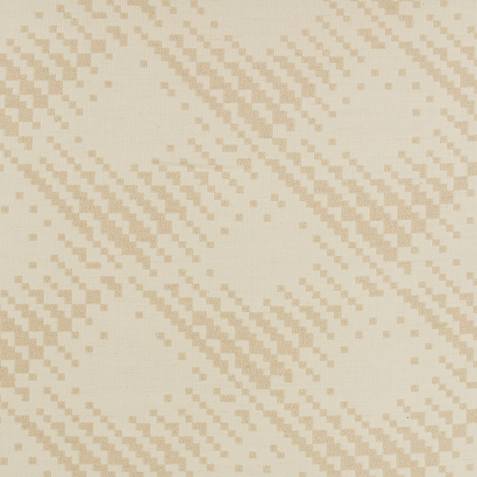 Pale cream woven fabric with warm beige stepped diagonal pixel motifs