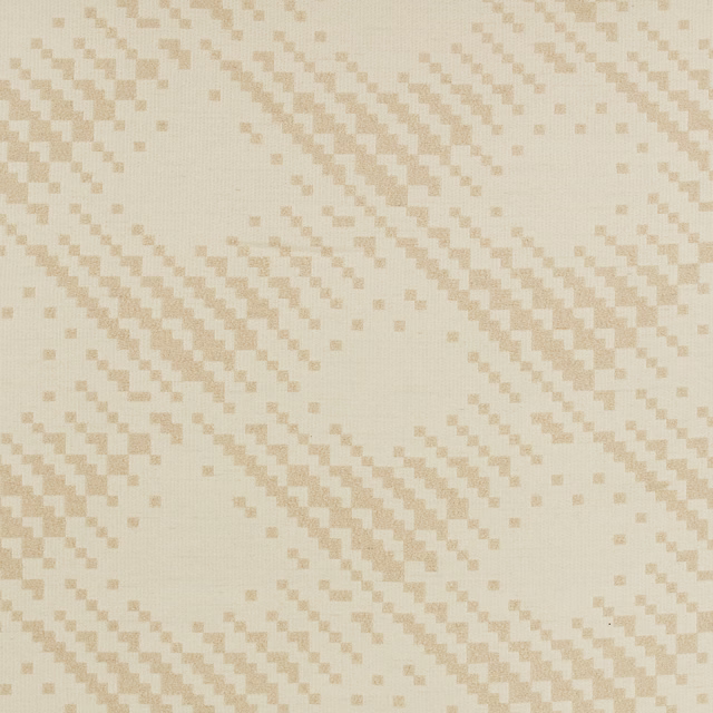 Pale cream woven fabric with warm beige stepped diagonal pixel motifs