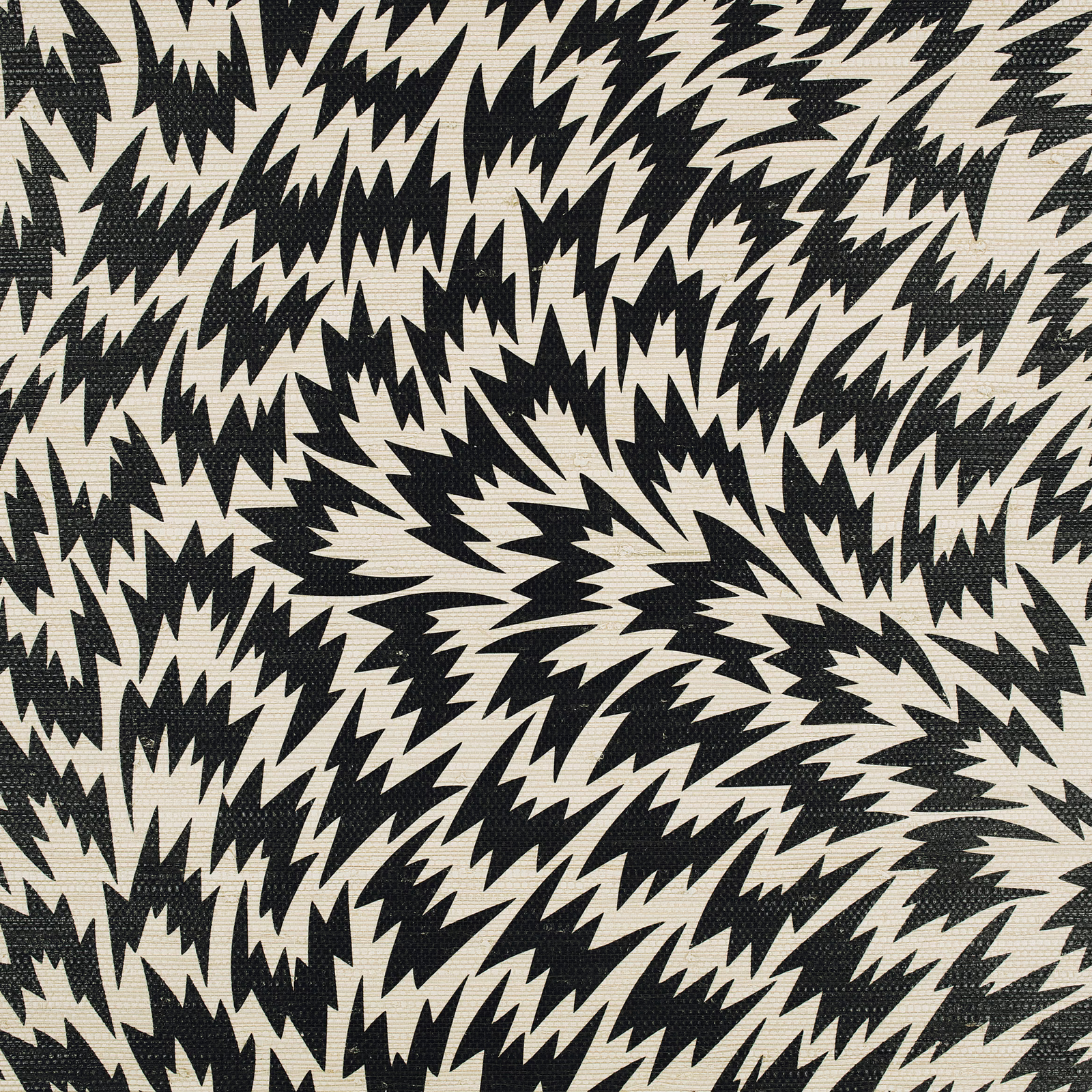 Dense black lightning-like shapes scattered across an ivory wallpaper ground