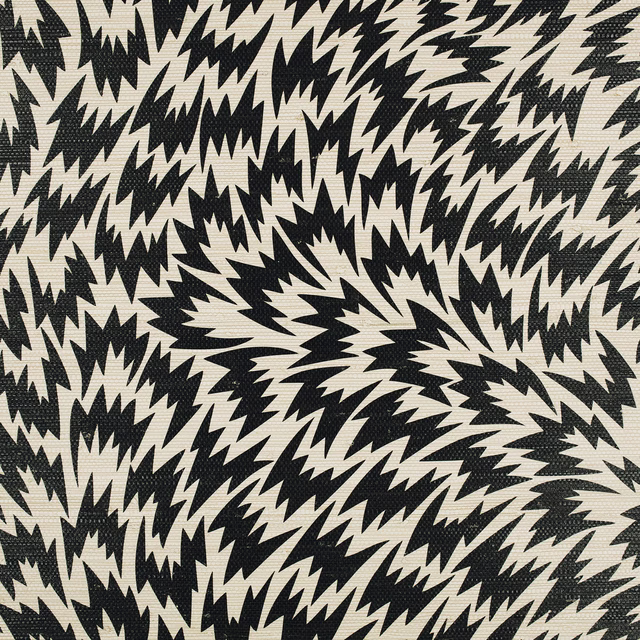 Dense black lightning-like shapes scattered across an ivory wallpaper ground