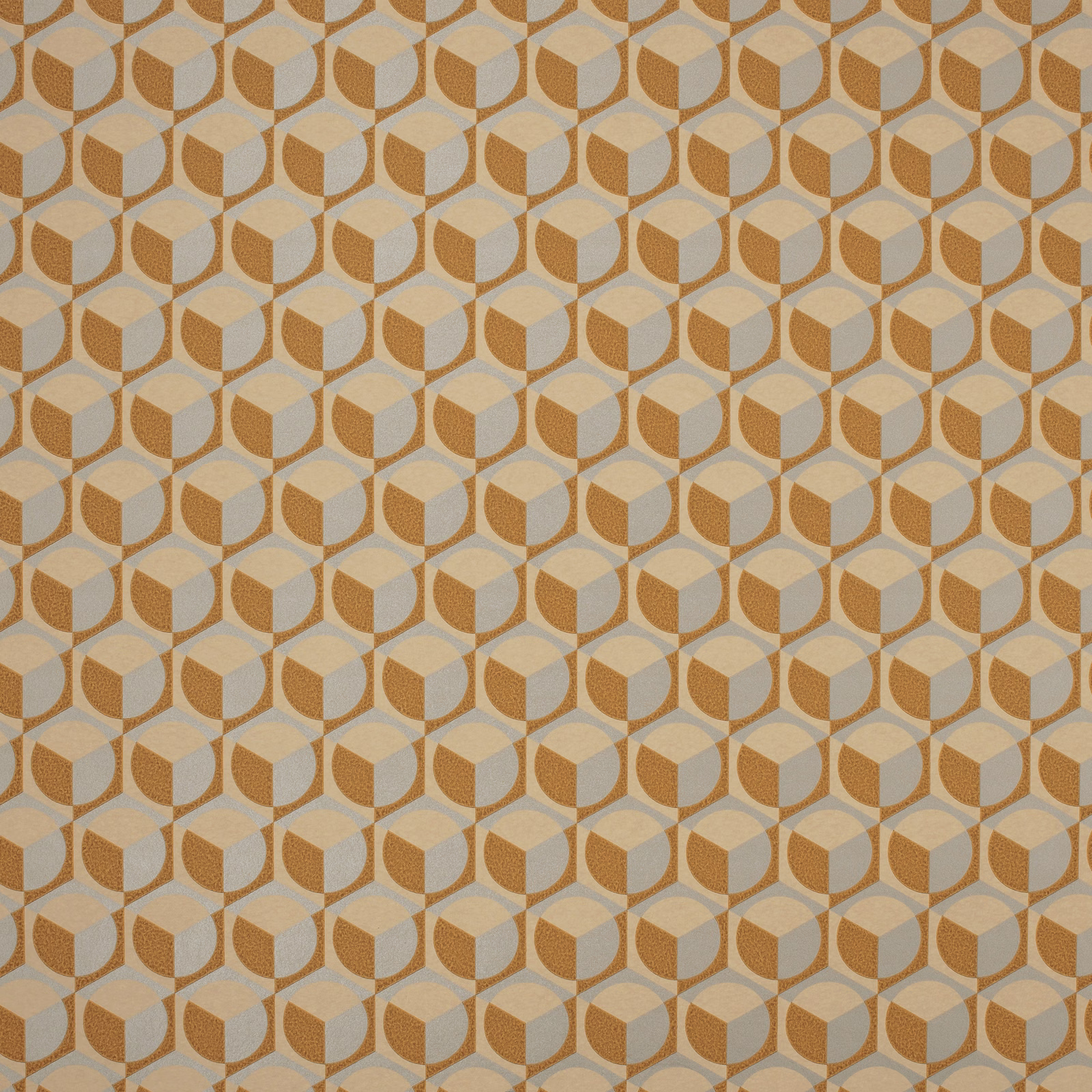Warm ochre, sand and cream wallpaper with repeating interlocking cube motifs