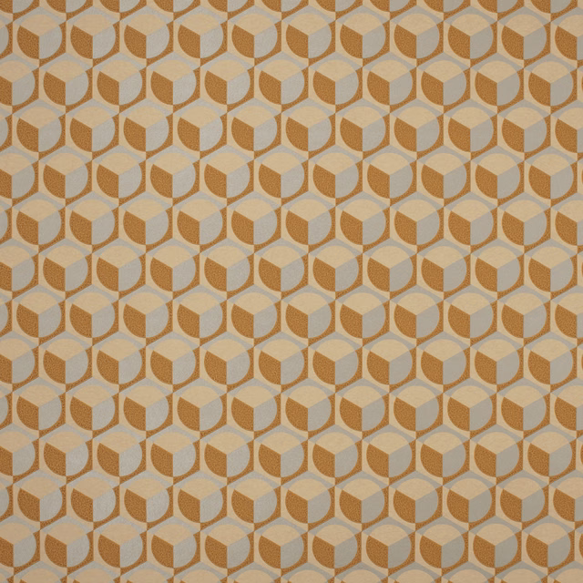 Warm ochre, sand and cream wallpaper with repeating interlocking cube motifs