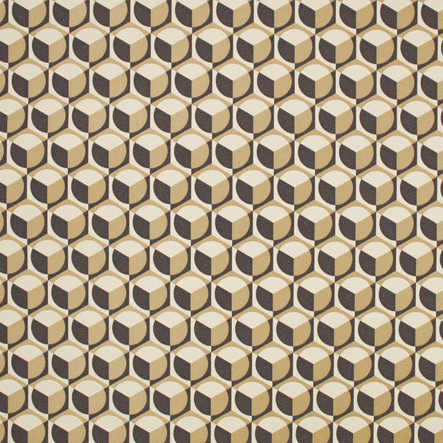 Cream and charcoal geometric cube motifs with muted sand facets in repeat