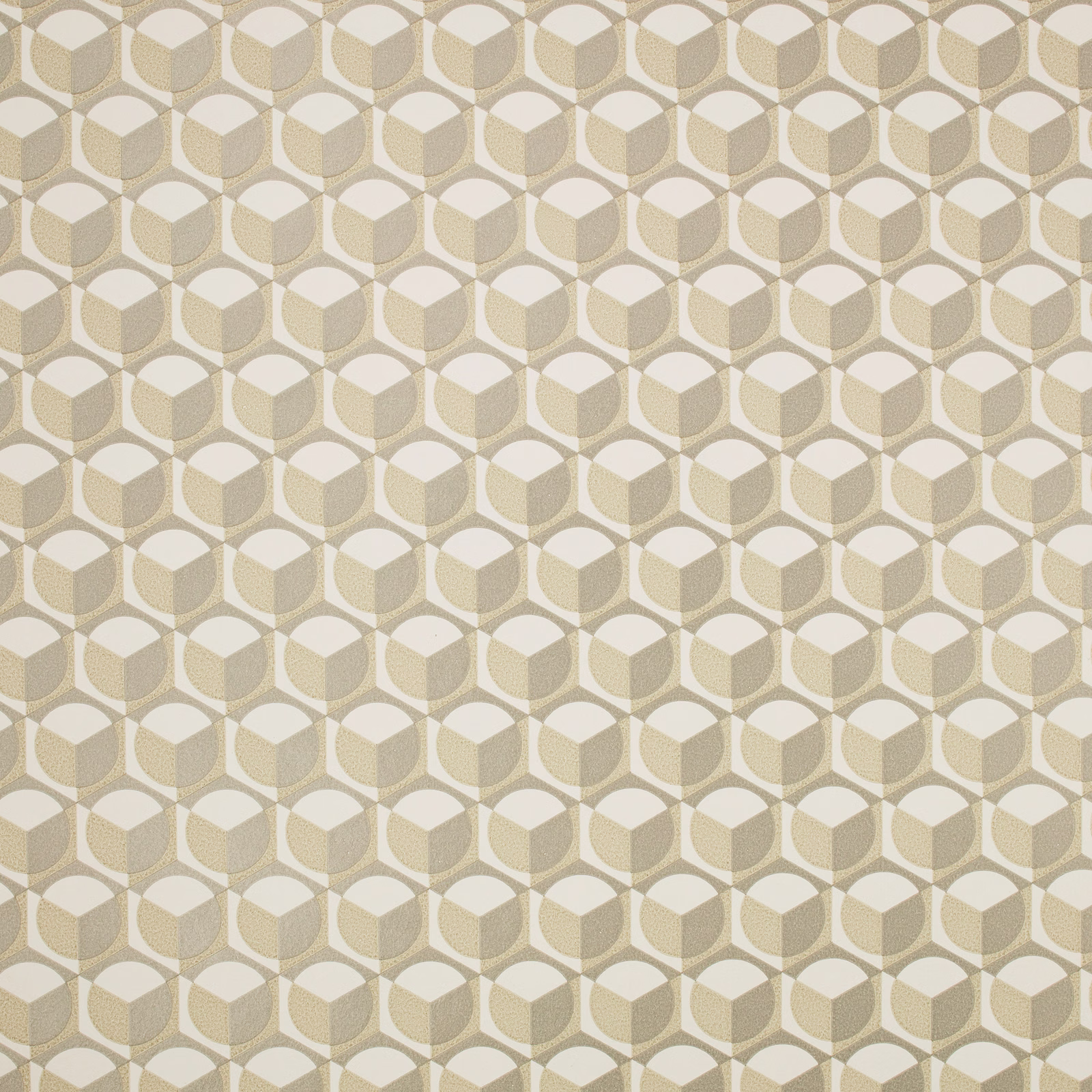Warm beige wallpaper with repeating cream and taupe three-dimensional cube motifs