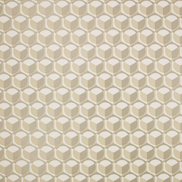 Warm beige wallpaper with repeating cream and taupe three-dimensional cube motifs
