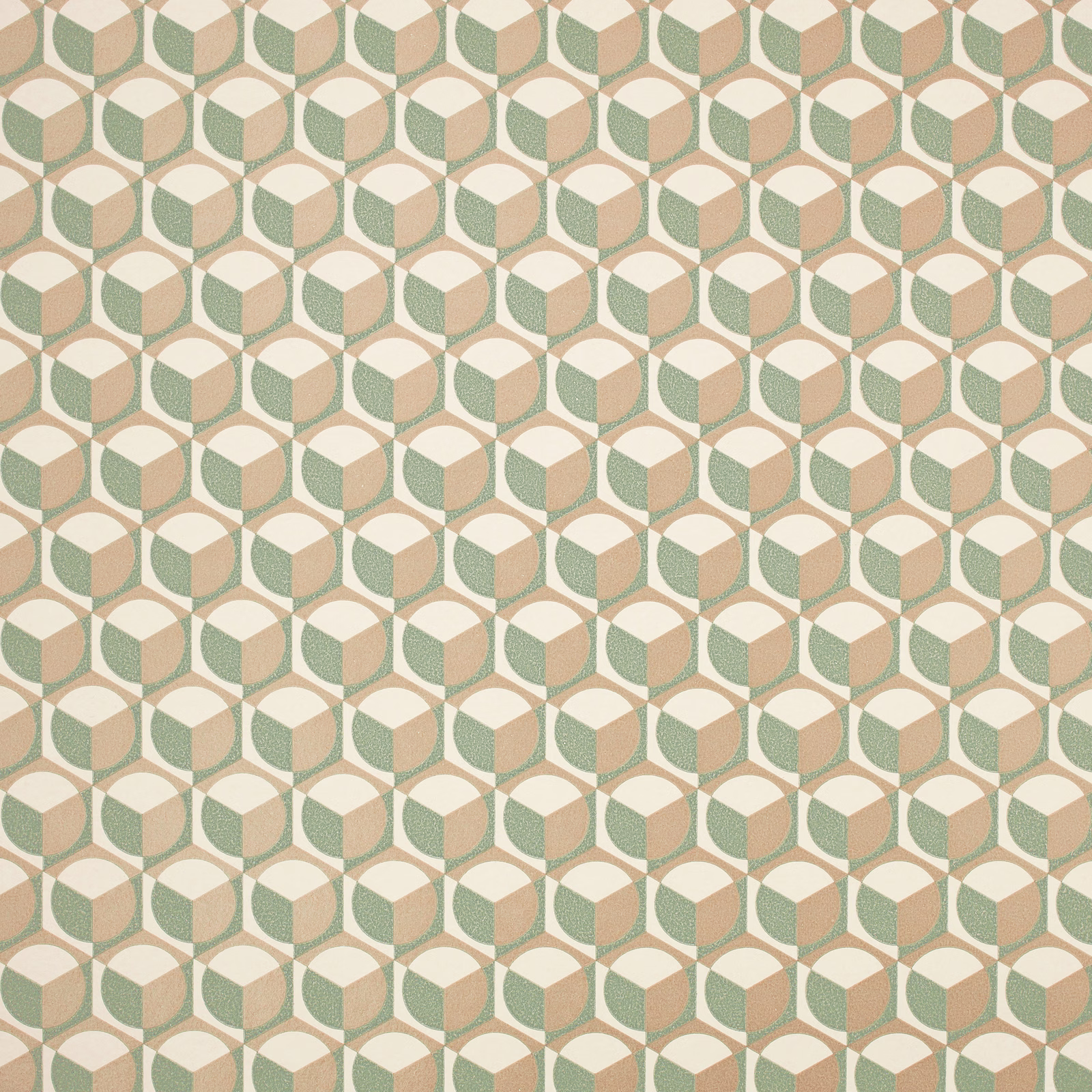Muted pistachio, cream and blush geometric cube pattern in a repeating wallpaper design