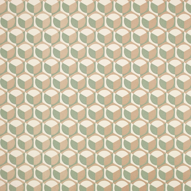 Muted pistachio, cream and blush geometric cube pattern in a repeating wallpaper design
