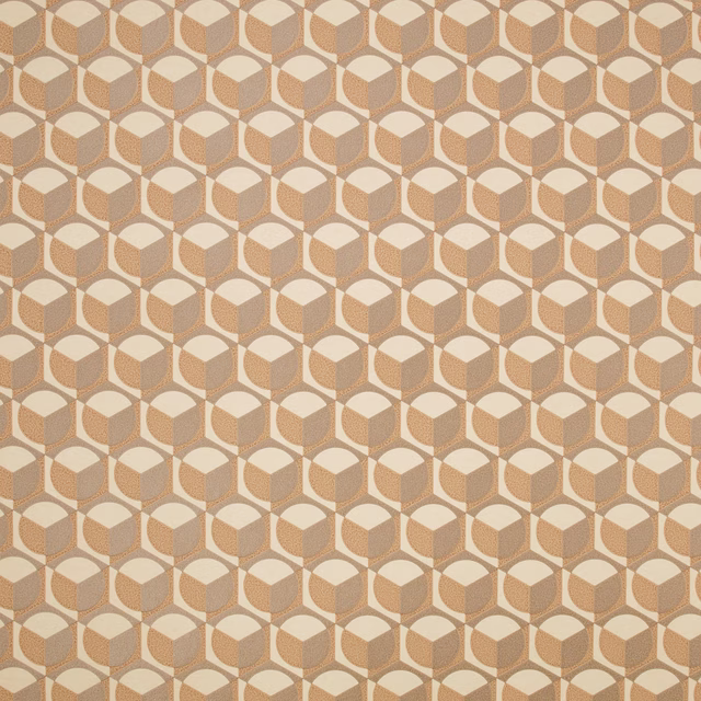 Warm rose-gold wallpaper with repeating cream and bronze faceted cube motifs