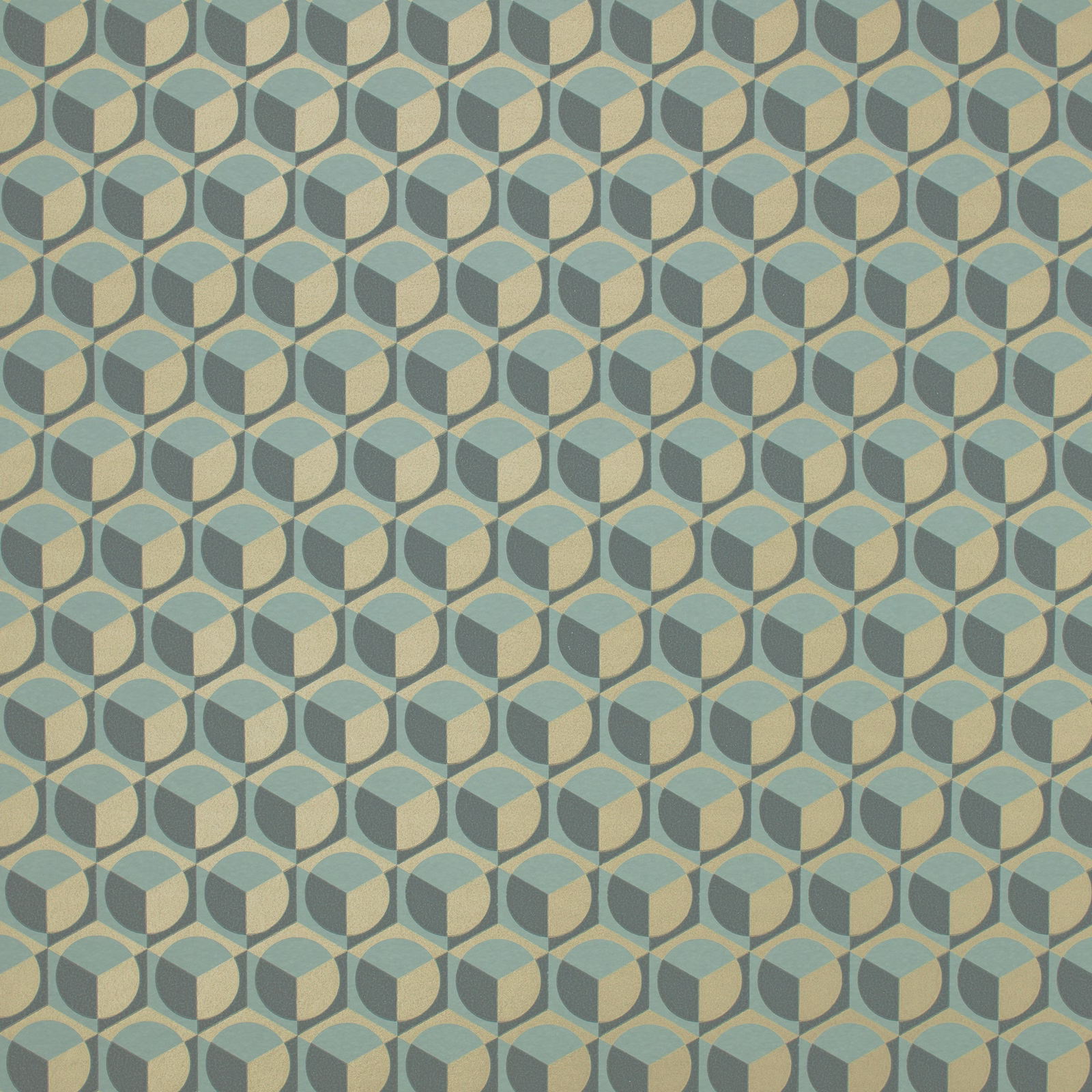 Muted teal wallpaper with repeating cube-like geometric motifs in sage and warm cream