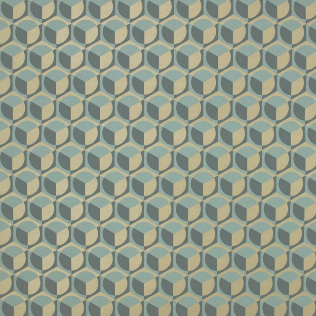 Muted teal wallpaper with repeating cube-like geometric motifs in sage and warm cream