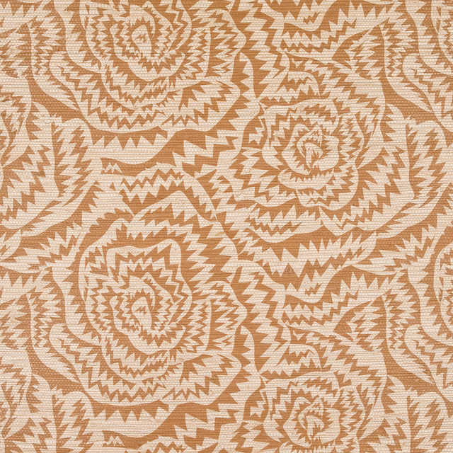 Burnt orange wallpaper with cream jagged concentric rose motifs and textured grain