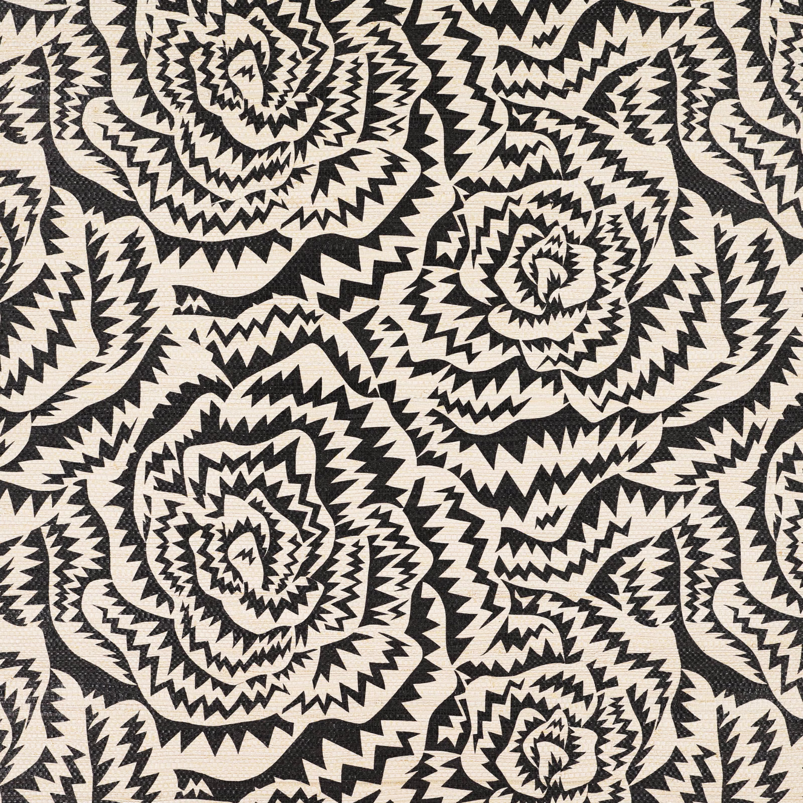 Black and ivory wallpaper with concentric jagged rose motifs and dense zigzag linework