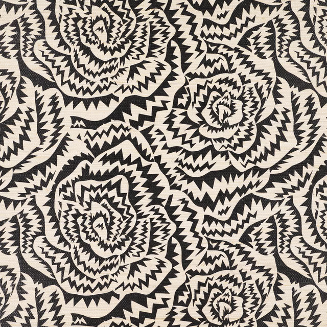 Black and ivory wallpaper with concentric jagged rose motifs and dense zigzag linework
