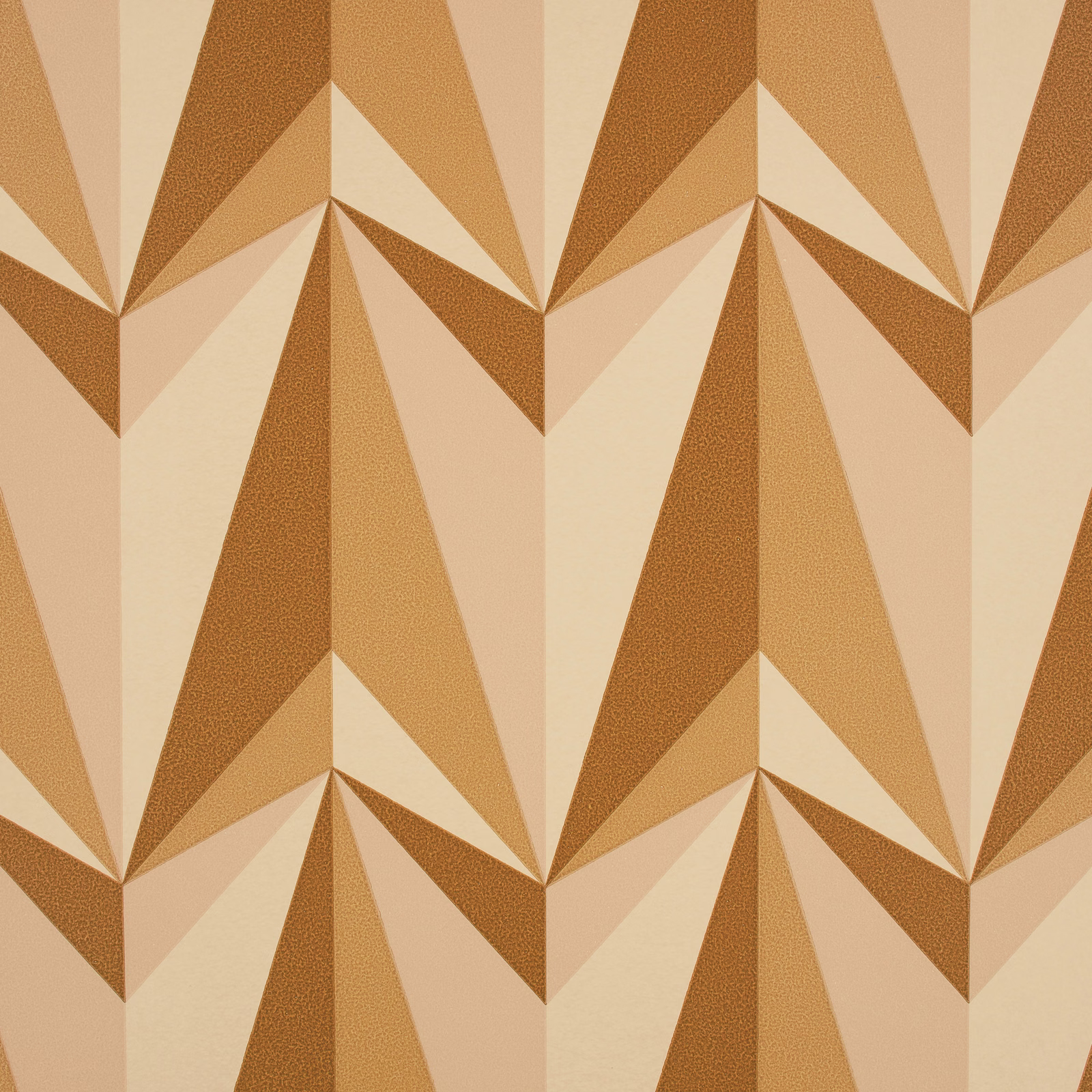 Warm ochre, tan, cream and blush wallpaper with large repeating angular rocket motifs