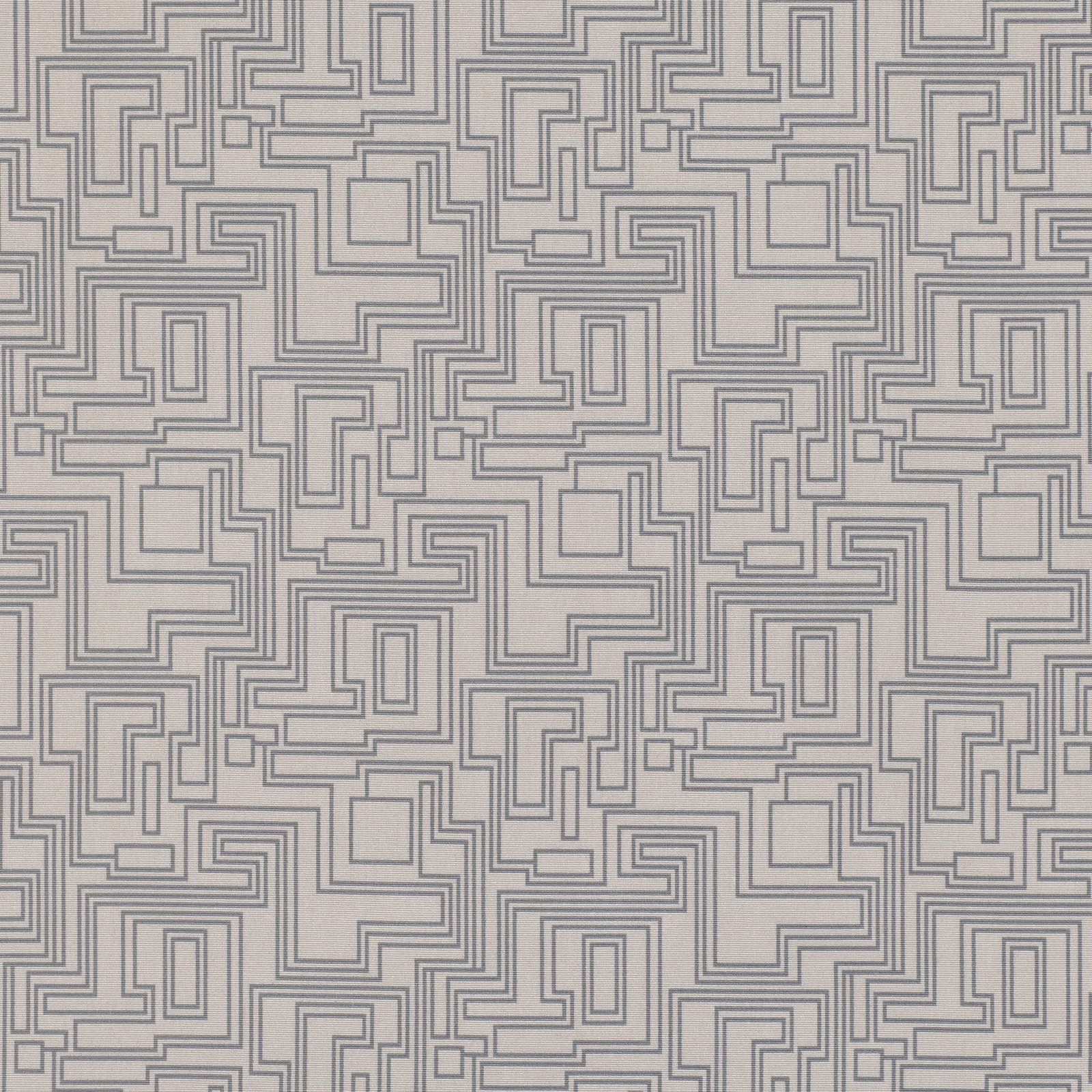 Pale aluminium-grey fabric with an interlocking charcoal maze pattern and even woven texture