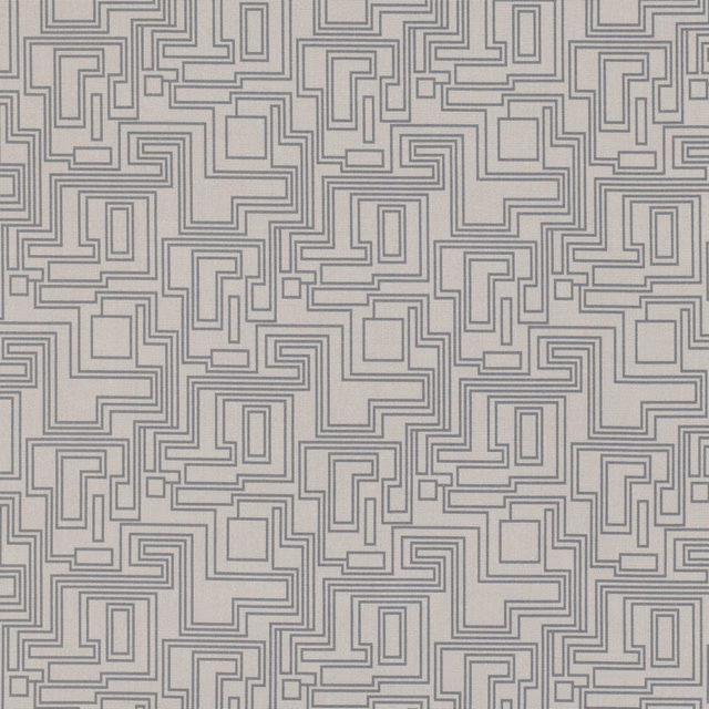 Pale aluminium-grey fabric with an interlocking charcoal maze pattern and even woven texture