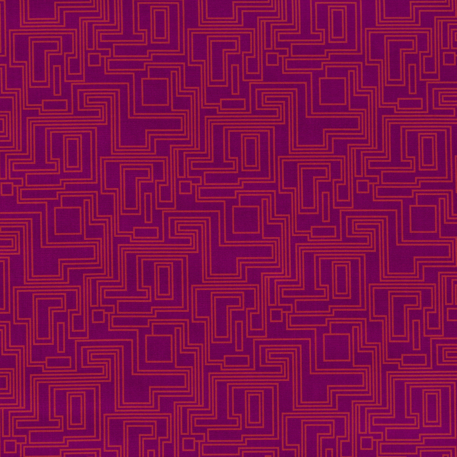 Deep azalea-purple fabric with fine burnt-orange lines forming a dense geometric maze repeat