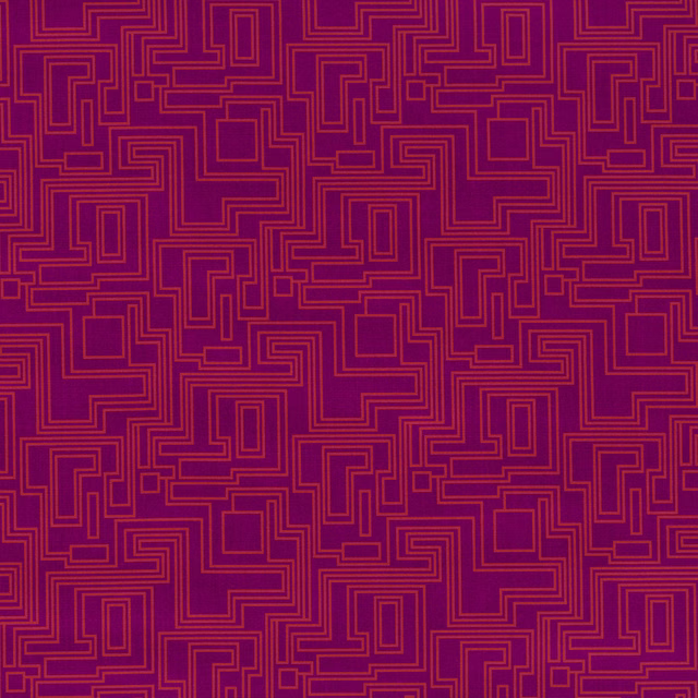 Deep azalea-purple fabric with fine burnt-orange lines forming a dense geometric maze repeat