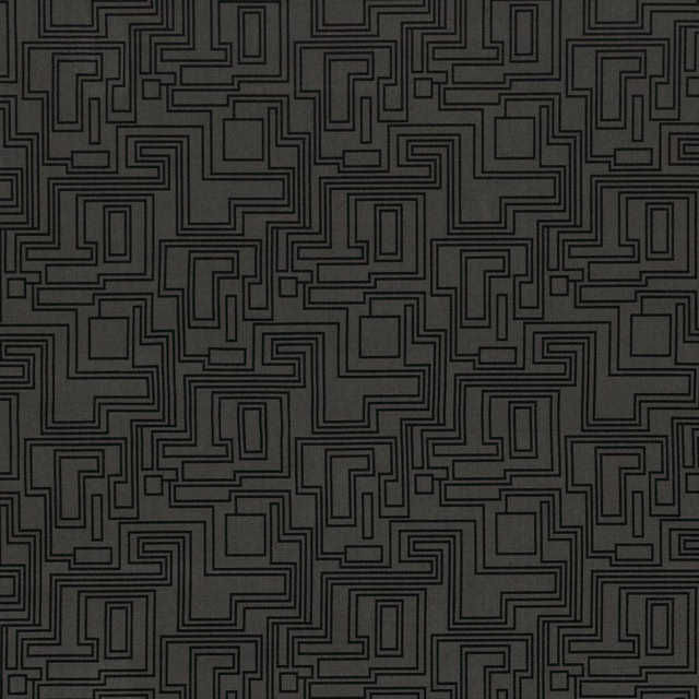 Dark charcoal textile with black interlocking maze lines and angular rectangular motifs