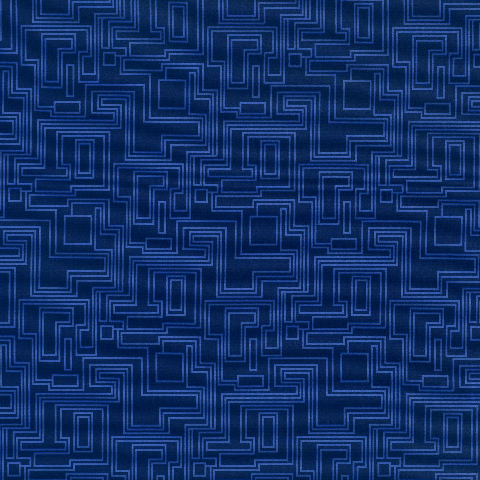 Deep cobalt fabric with electric blue interlocking maze lines and subtle woven texture
