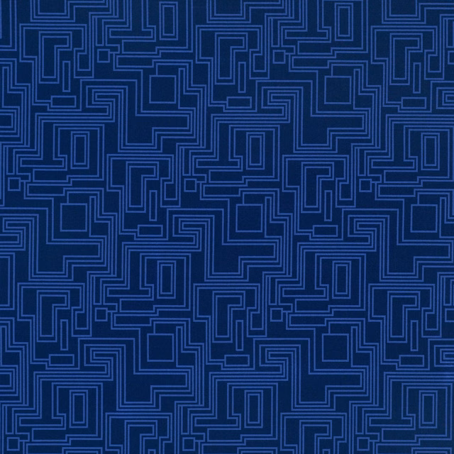 Deep cobalt fabric with electric blue interlocking maze lines and subtle woven texture