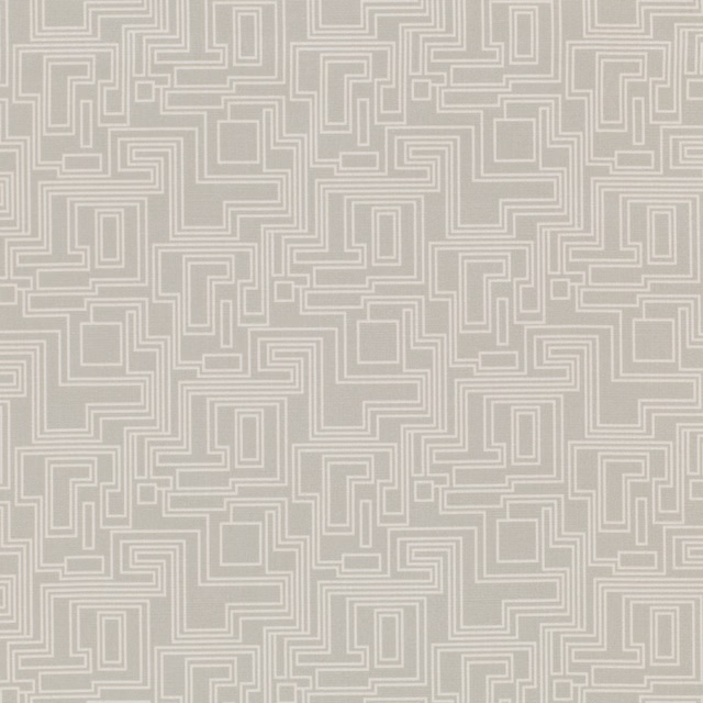 Cool concrete-grey fabric with crisp ivory maze lines and subtle woven texture