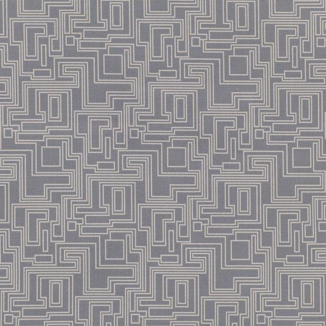 Cool grey woven textile with dense ivory interlocking maze lines