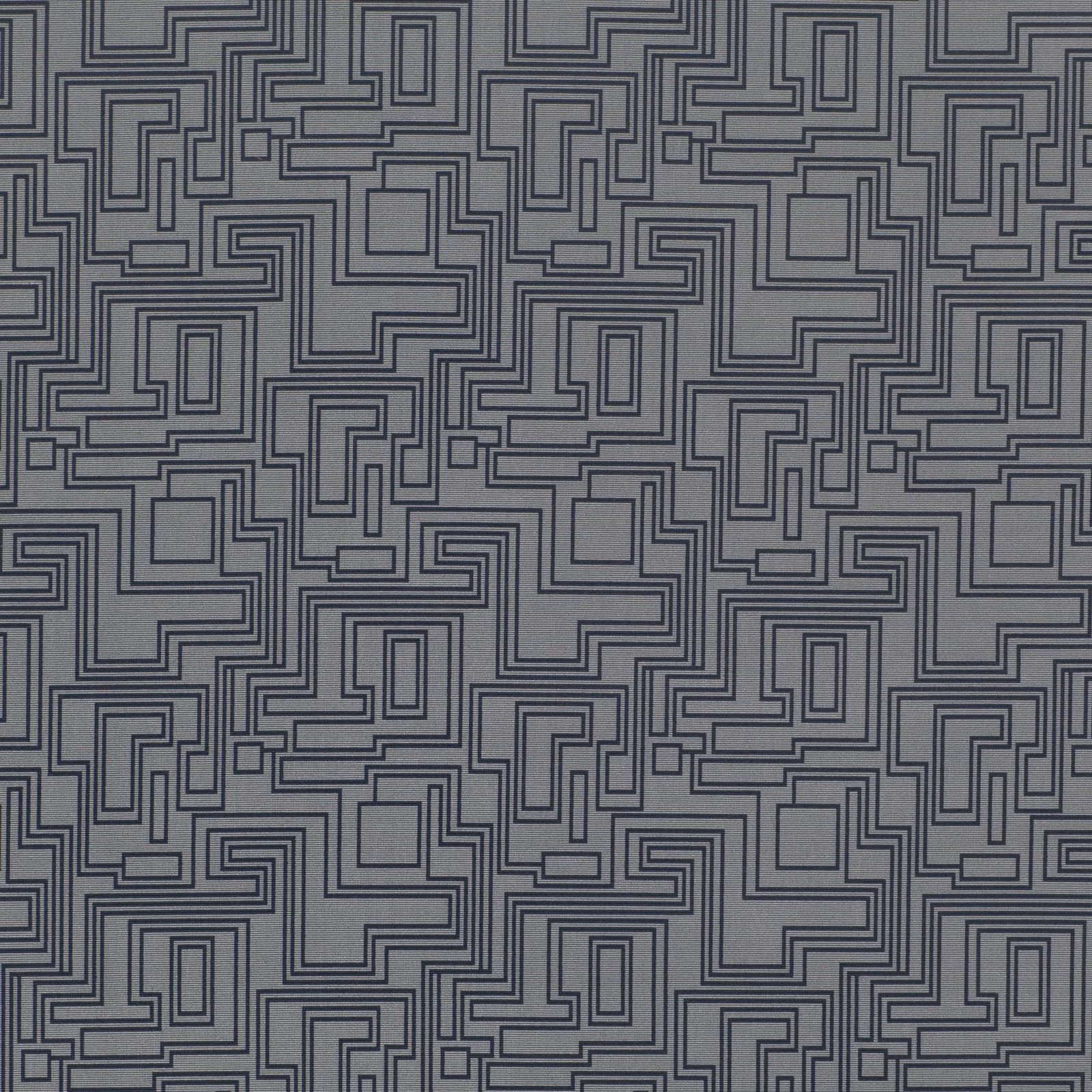 Storm-grey fabric with charcoal maze lines in a dense geometric repeat
