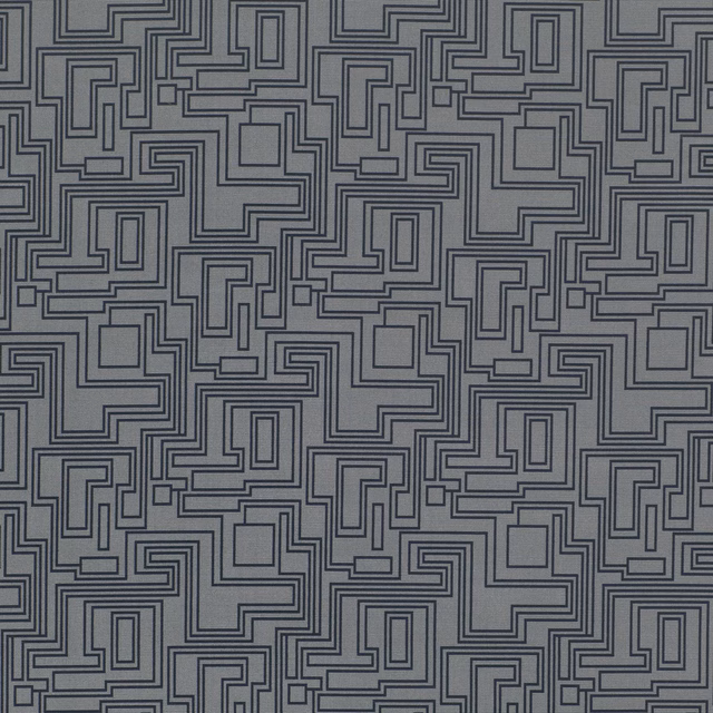 Storm-grey fabric with charcoal maze lines in a dense geometric repeat