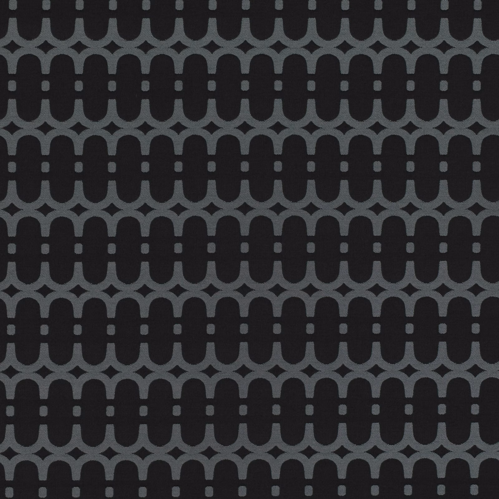 Charcoal-black fabric with repeating grey linked arches, dashes and geometric junctions