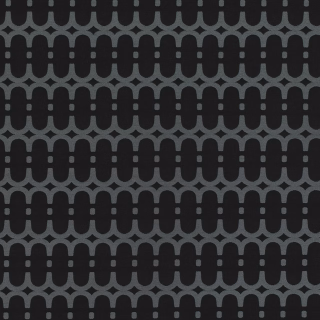 Charcoal-black fabric with repeating grey linked arches, dashes and geometric junctions