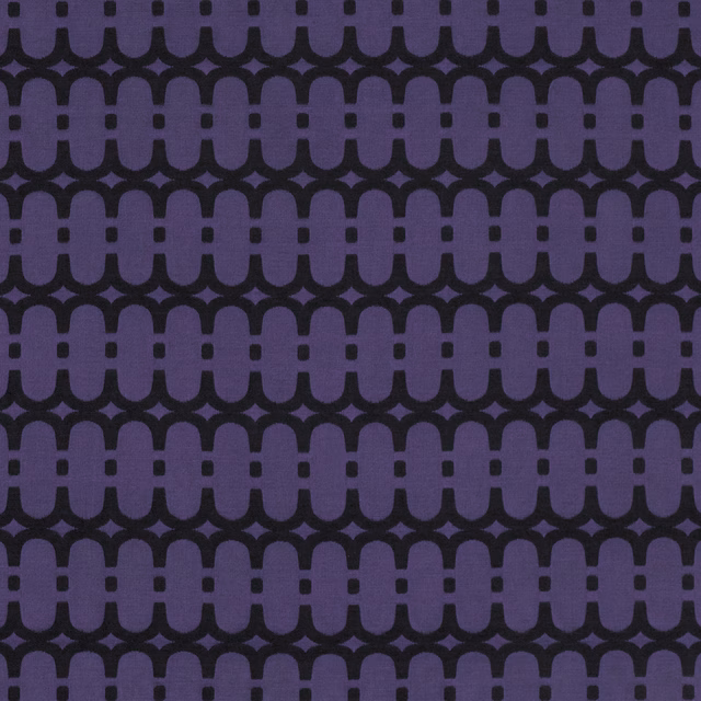 Midnight purple upholstery fabric with near-black repeating linked arch motif and woven texture