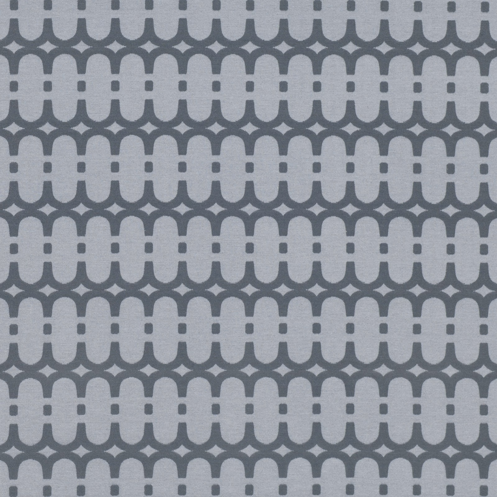 Cool blue-grey textile with charcoal linked arches and vertical dash motifs
