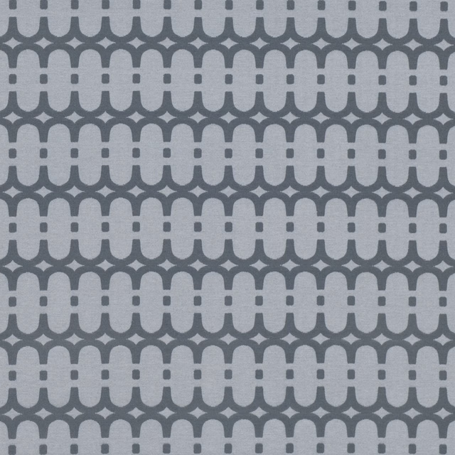 Cool blue-grey textile with charcoal linked arches and vertical dash motifs