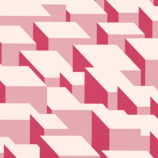Blush pink geometric cubic blocks with cream planes and raspberry-red shadow faces