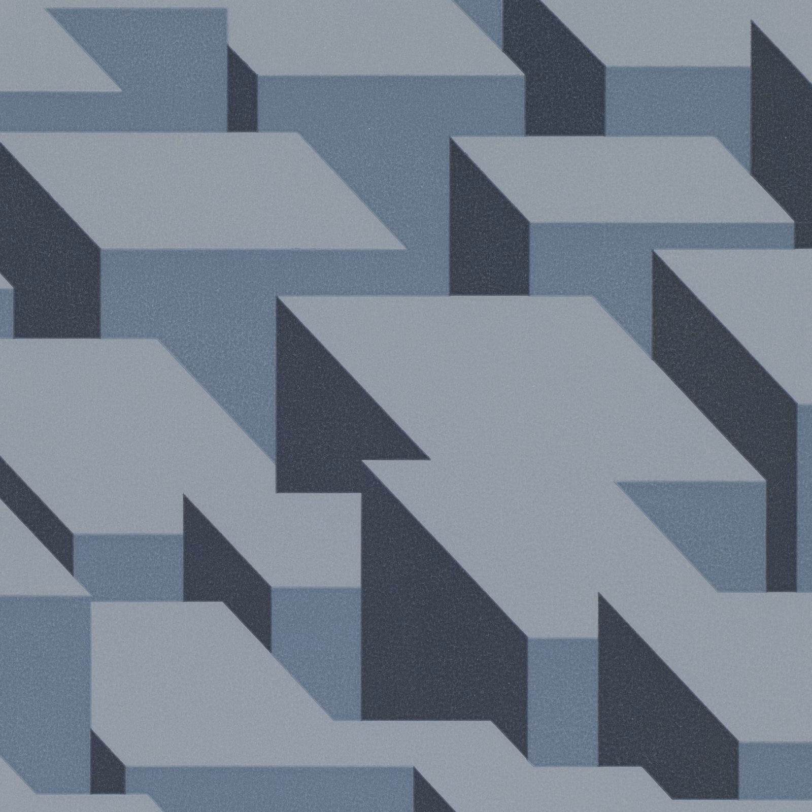Steel blue-grey geometric wallcovering with pale block tops and charcoal sides