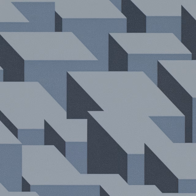 Steel blue-grey geometric wallcovering with pale block tops and charcoal sides