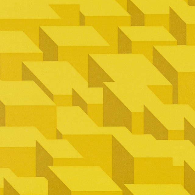 Vivid sunshine-yellow wallpaper with layered geometric blocks and darker angular sides