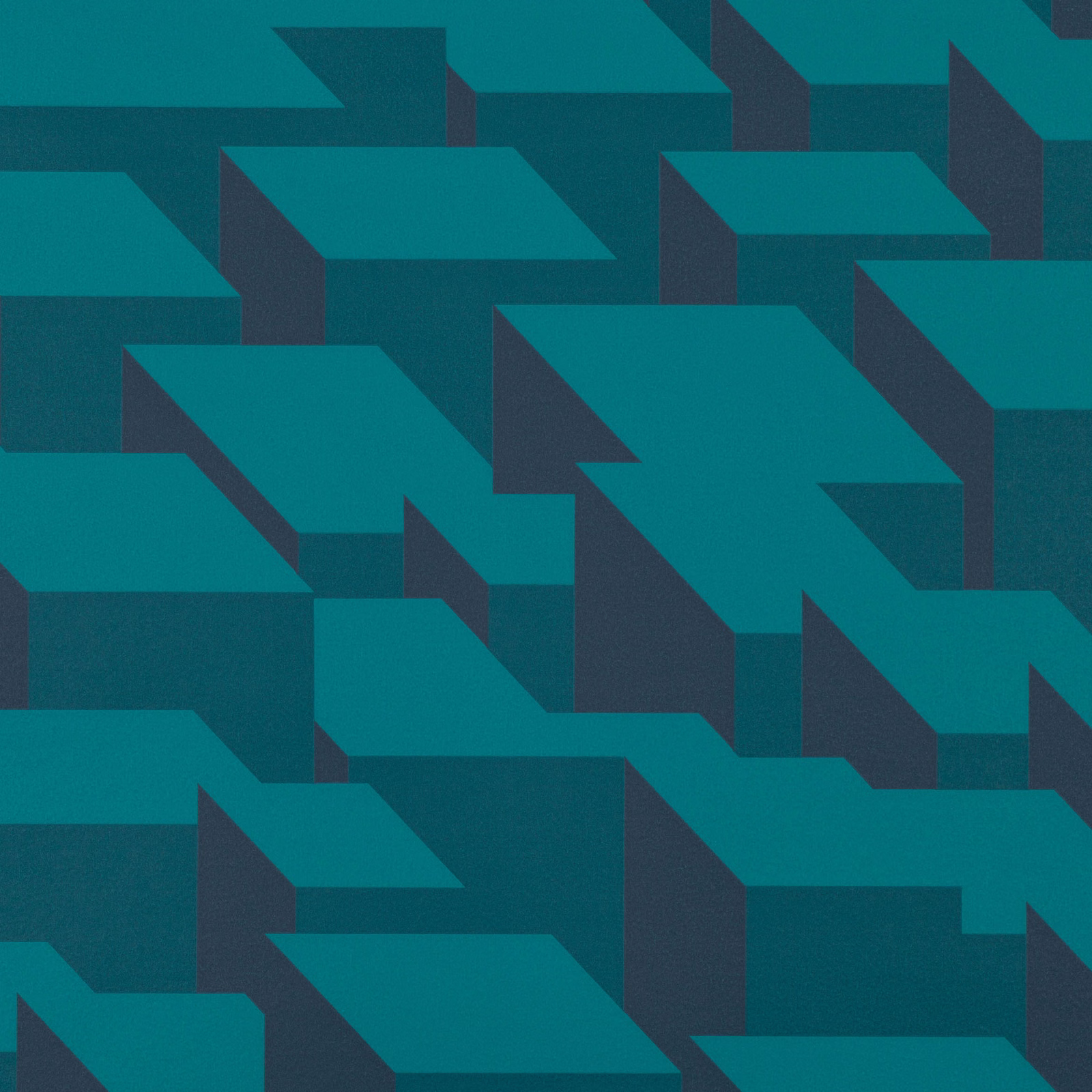 Layered teal geometric blocks with deep blue-green sides in a repeating wallcovering design