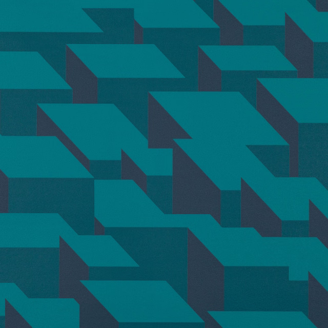 Layered teal geometric blocks with deep blue-green sides in a repeating wallcovering design