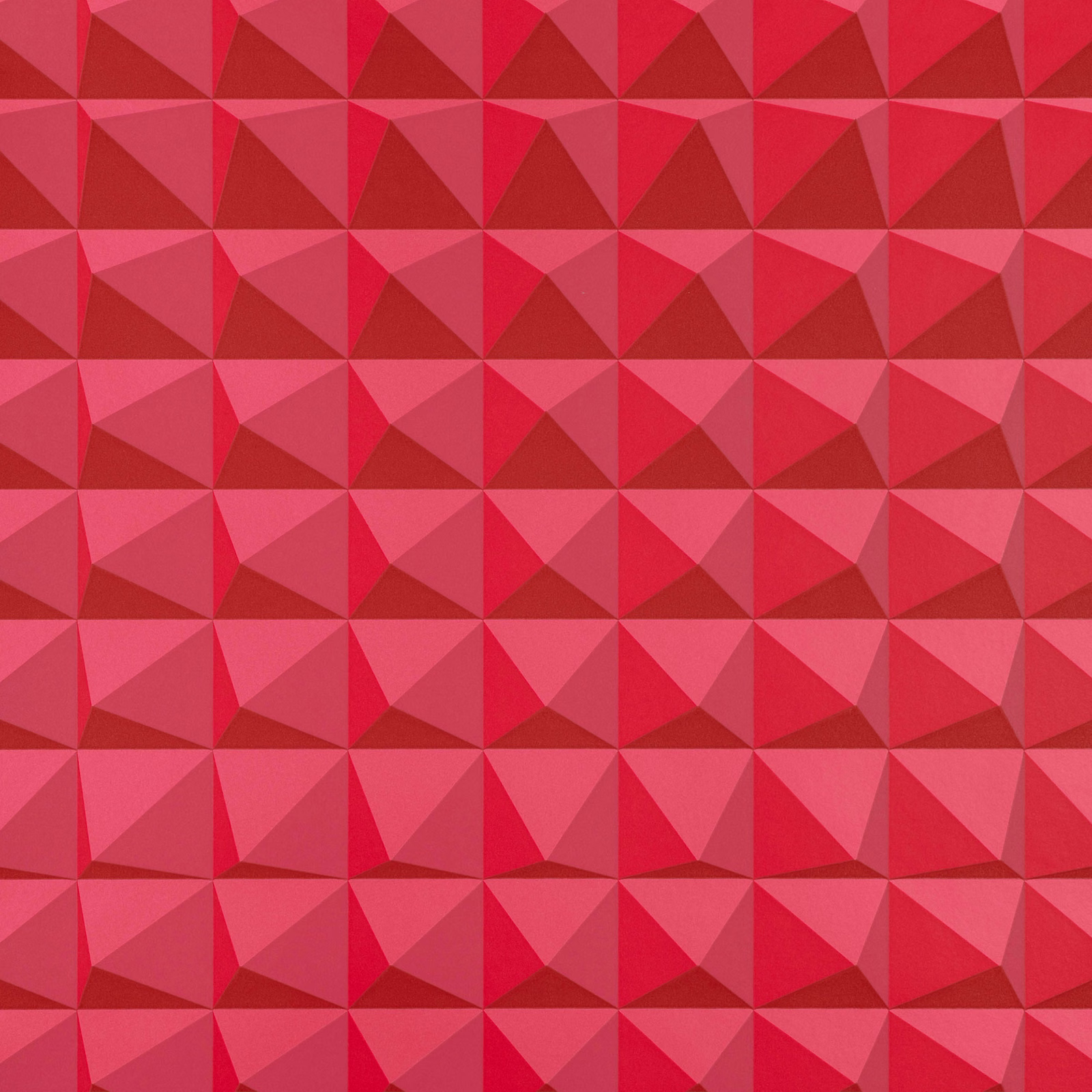 Crimson geometric wallpaper with repeating faceted pyramids in scarlet, ruby and pink-red tones