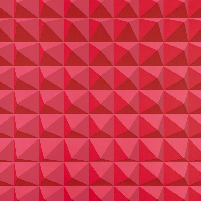 Crimson geometric wallpaper with repeating faceted pyramids in scarlet, ruby and pink-red tones