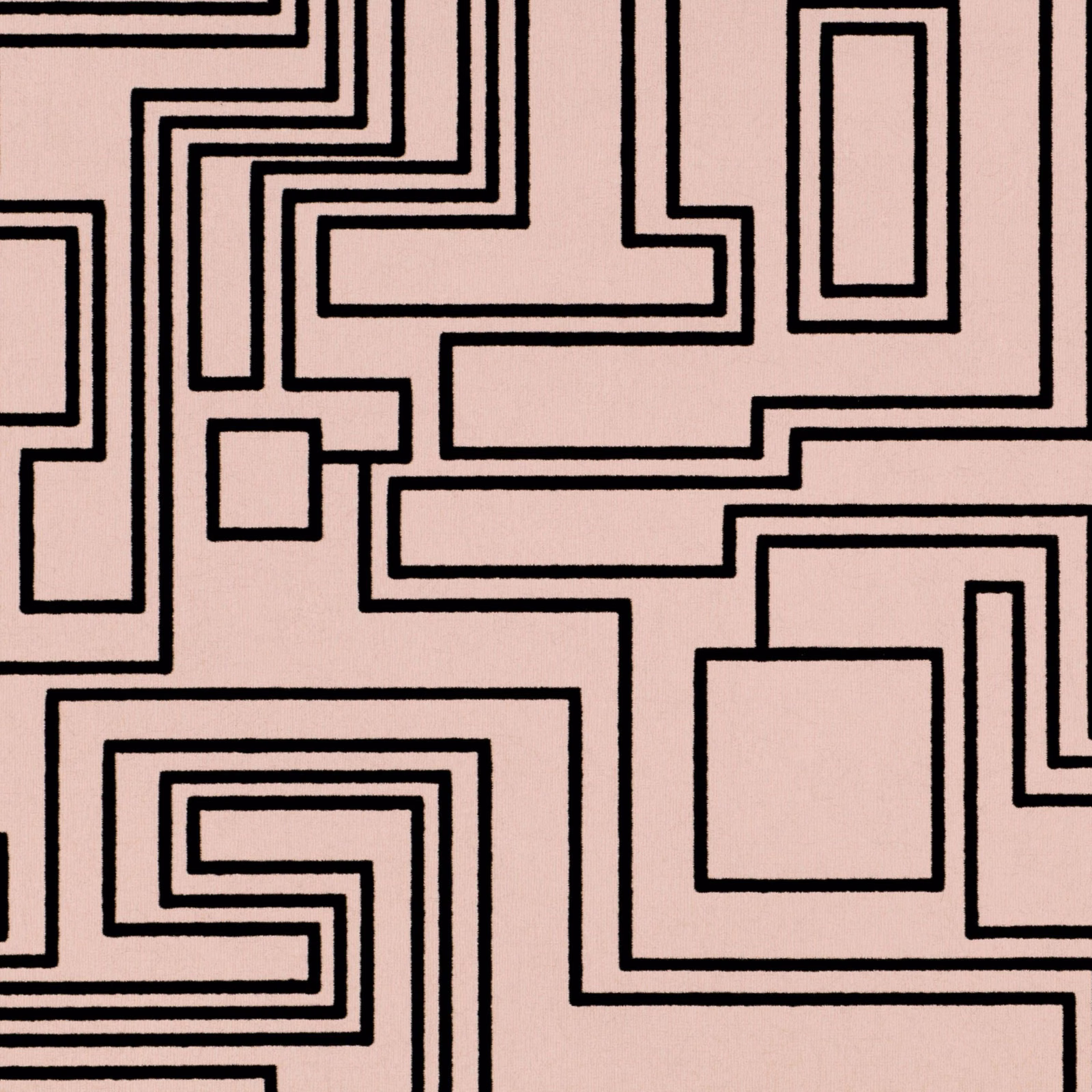 Powder-pink wallpaper with bold black maze lines and angular outlined blocks