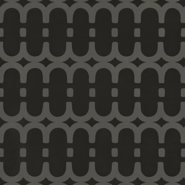 Black wallpaper with large charcoal interlocking arches and small geometric cut-outs
