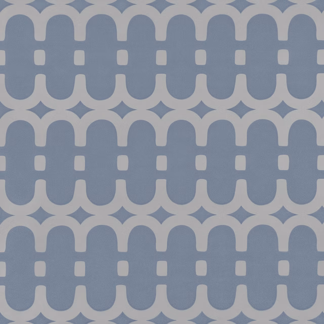 Muted steel-blue linked arches and pale grey lattice in a repeating geometric wallcovering