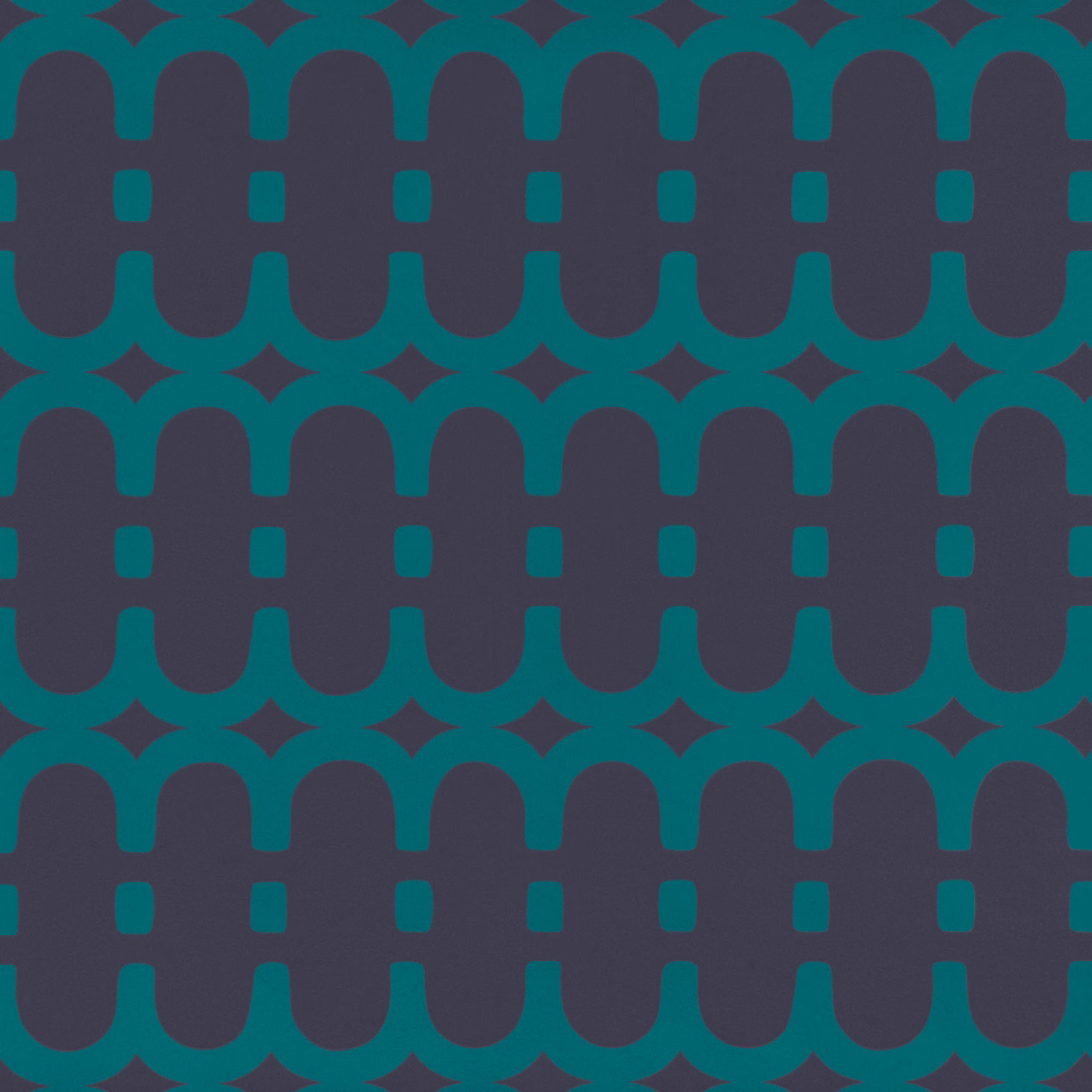 Deep teal wallcovering with repeating charcoal loop motifs and small diamond accents